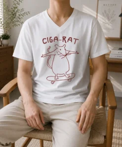 Official Hot Ciga Rat Smoking Mouse On Skateboard Rat V-Neck Shirt