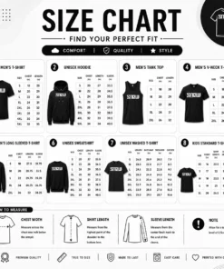 Size chart for Pretty Snow Skiing All Art Is But Imitation Of Nature with measurements in inches and cm to help choose the right fit