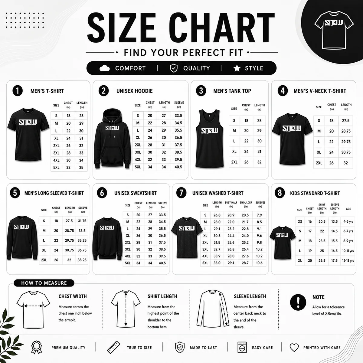 Size chart for Pretty Snow Skiing All Art Is But Imitation Of Nature with measurements in inches and cm to help choose the right fit